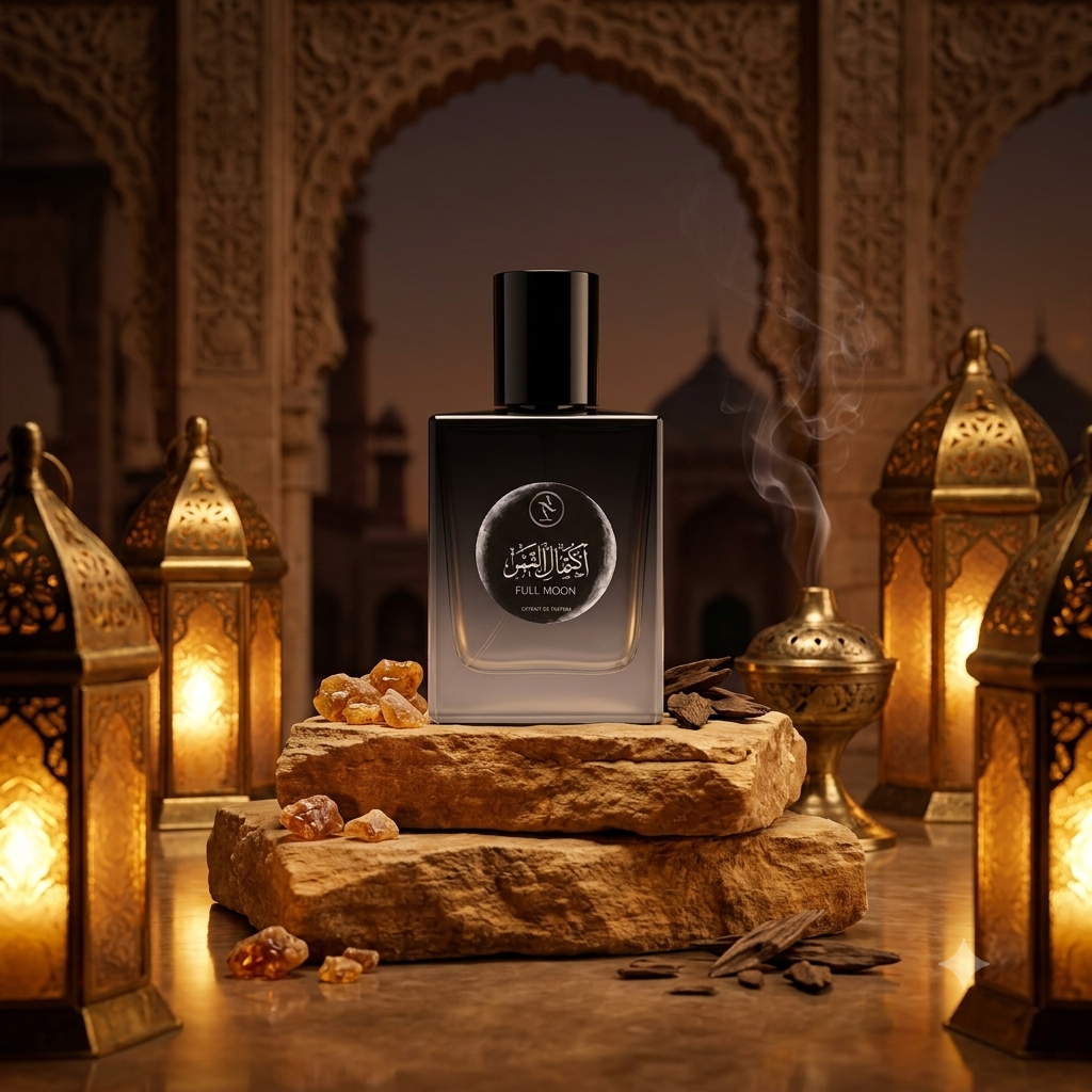 A Full Moon by AnA Studio - Inspired by The Moon perfume bottle with a black cap stands centered on stacked stone blocks, surrounded by glowing brass lanterns and warm ambient lighting.